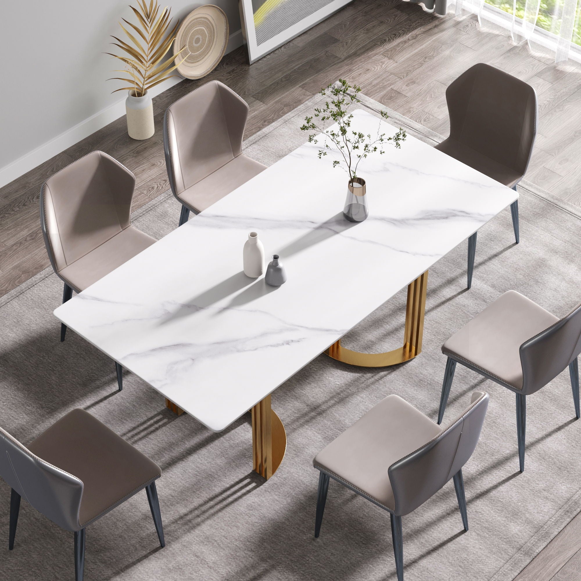 70.87&quot; Modern Artificial Stone White Straight Edge Golden Metal Leg Dining Table, Can Accommodate 6-8 People - White / Gold