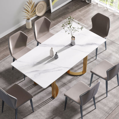 70.87&quot; Modern Artificial Stone White Straight Edge Golden Metal Leg Dining Table, Can Accommodate 6-8 People - White / Gold