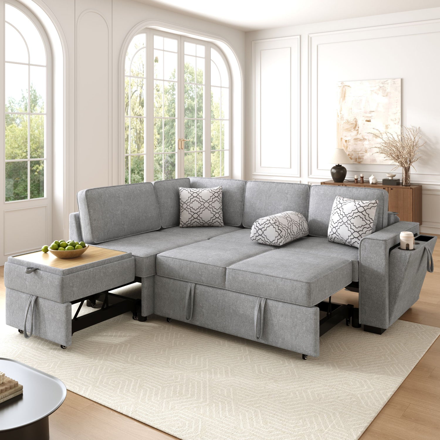 Convertible Sectional L-Shaped Sofa With Dual Pull-Out Sleepers, Flip-Top Table, USB Ports, Cup Holder &amp; Storage