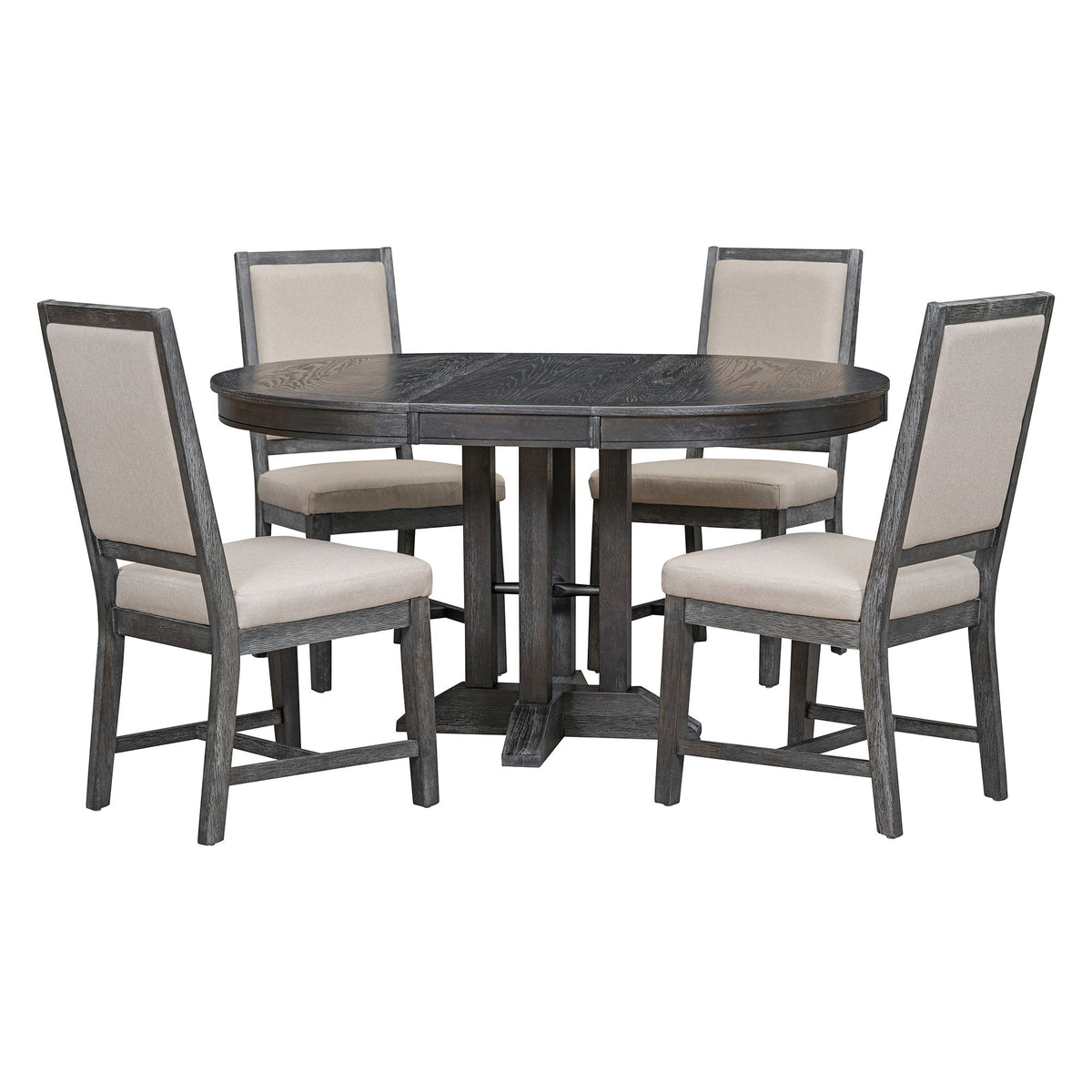 Dining Set &amp; Extendable Round Table And 4 Upholstered Chairs