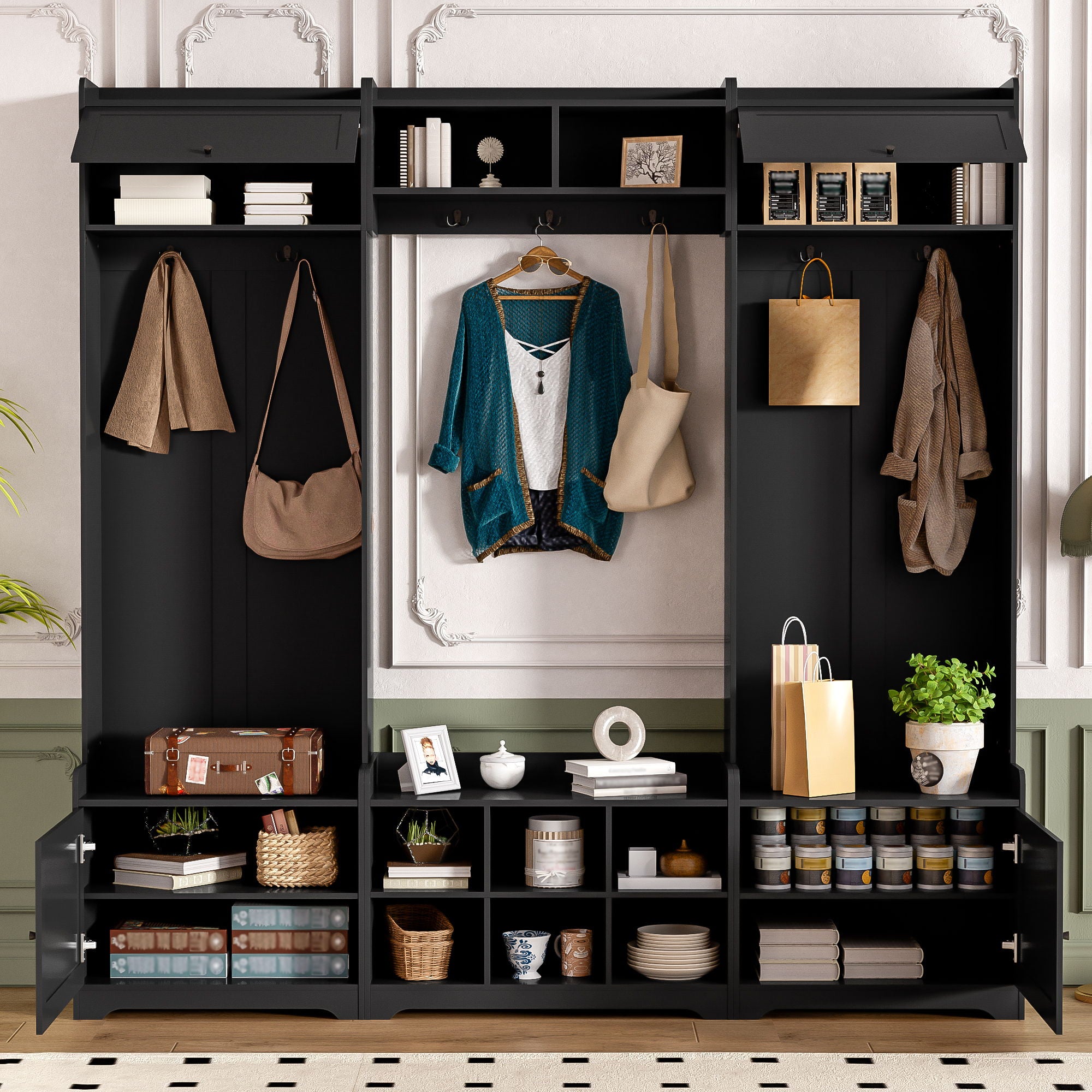 Wide Hall Tree With Shoe Storage, 4 In 1 Entryway Bench With 8 Cubbies, 7 Coat Hooks &amp; Adjustable Shelf For Hallway - Black