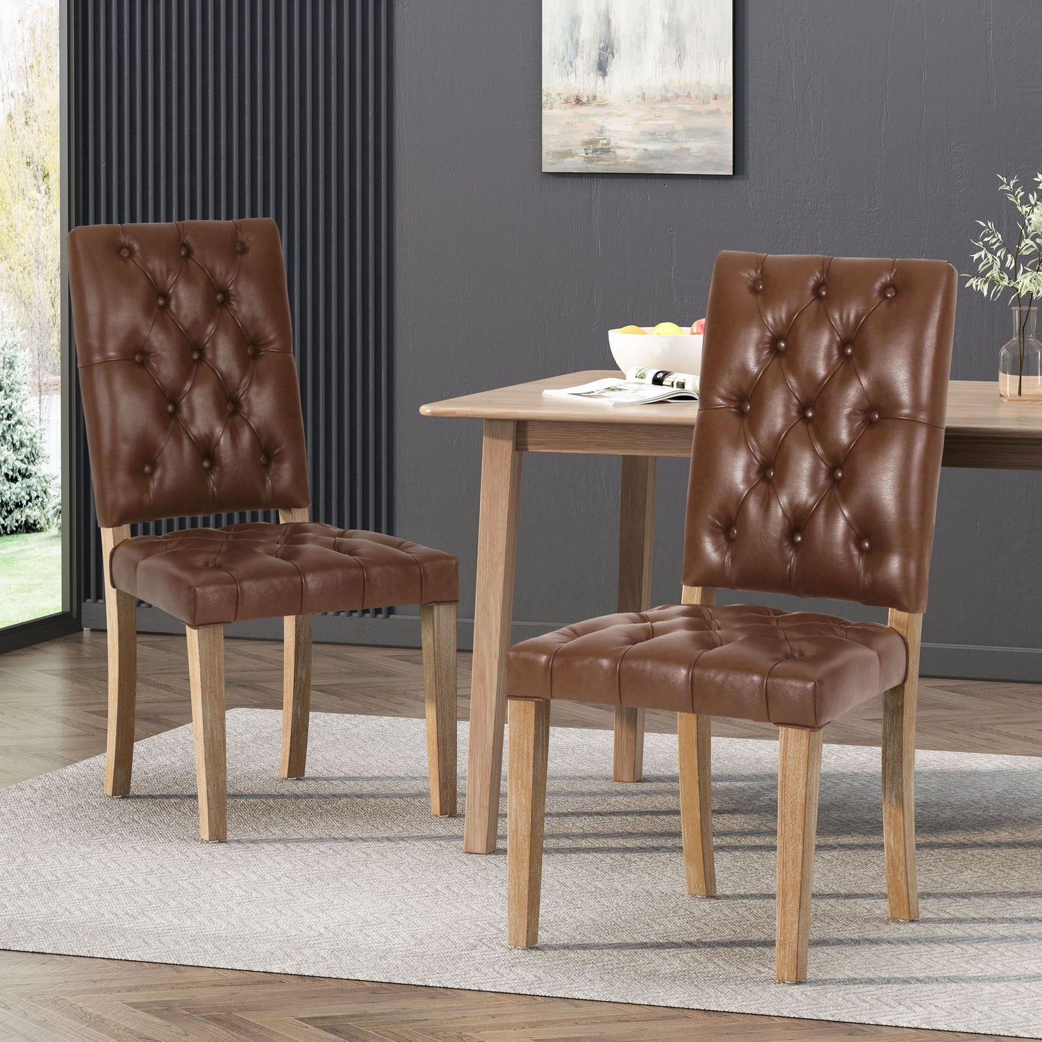 Sophisticated Dining Chair Set With Button Tufting - Light Brown / Weathered Wood