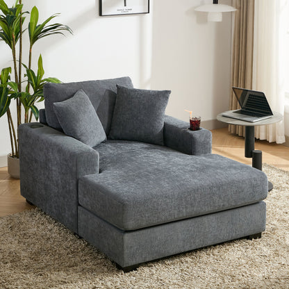 Oversized Chaise Lounger Modern Style Sofa Couch, With Pillows, Charge Station &amp; Cup Holders