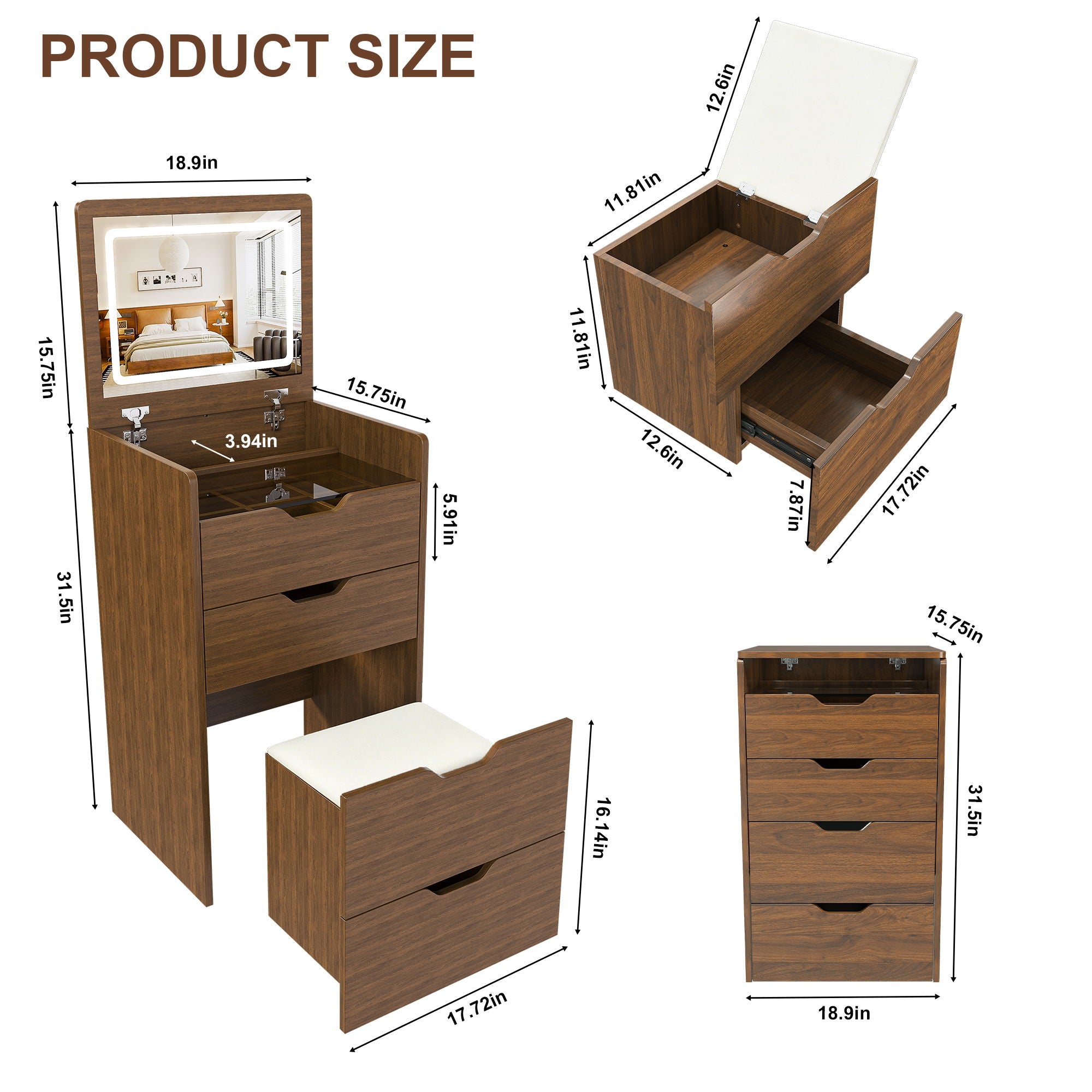 Vanity Desk With Lighted Mirror &amp; Stool