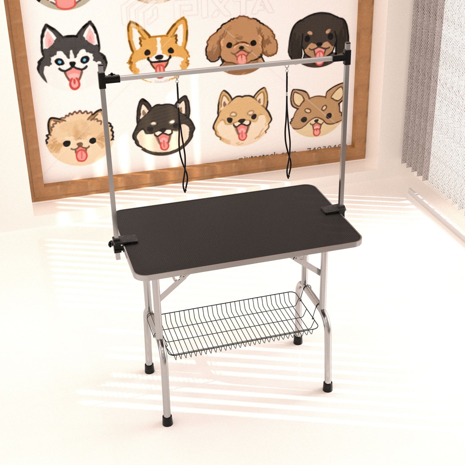 Professional Dog Pet Grooming Table Adjustable Heavy Duty Portable With Arm &amp; Noose &amp; Mesh Tray - Black