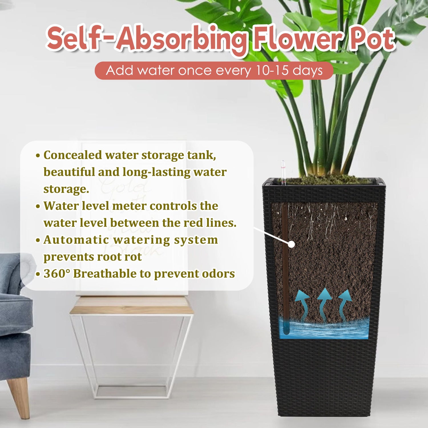 Large Self Watering Flower Pot With Drainage Holes &amp; Inner Tray