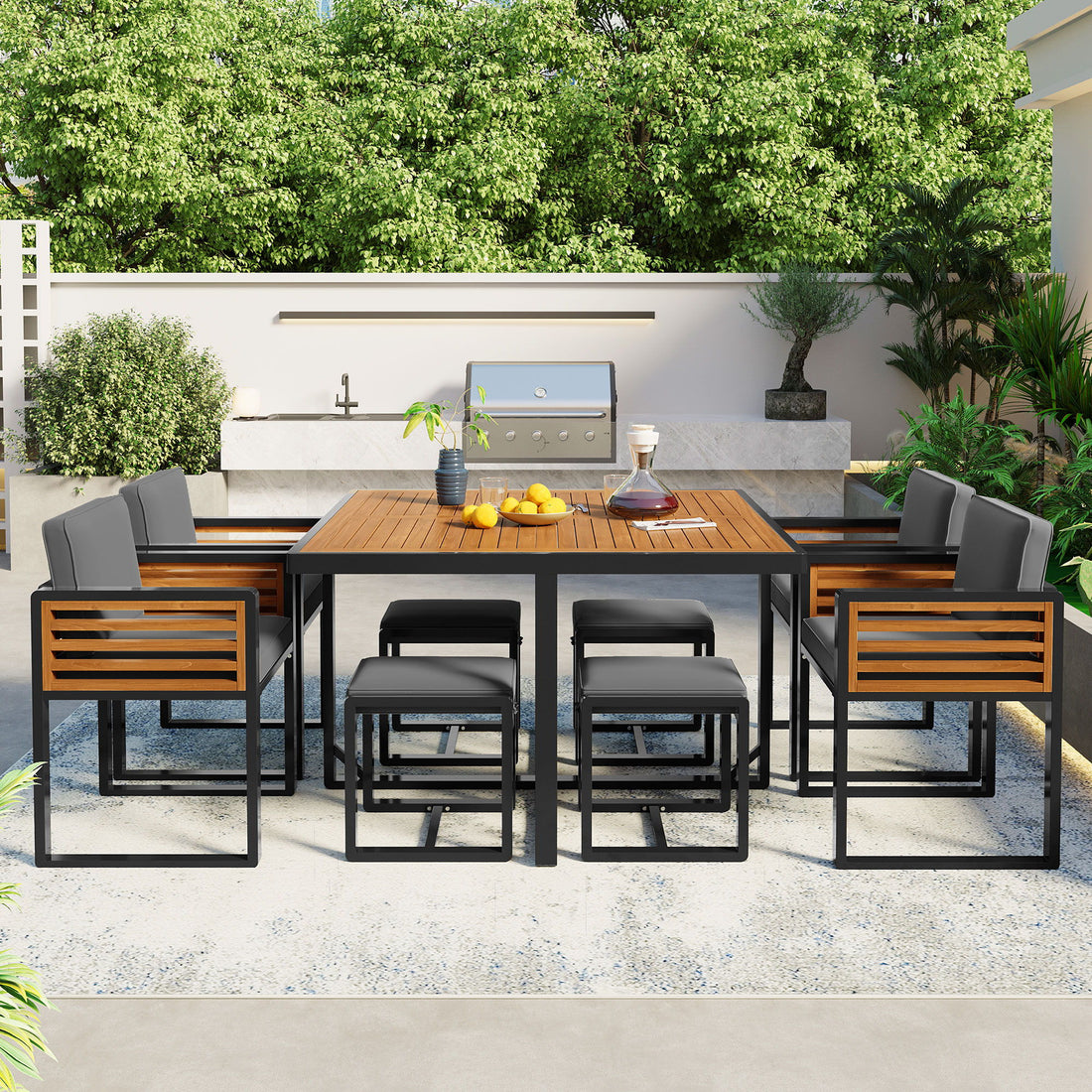 Acacia Wood Patio Dining Set, Cushioned Chairs &amp; Ottomans Square Table