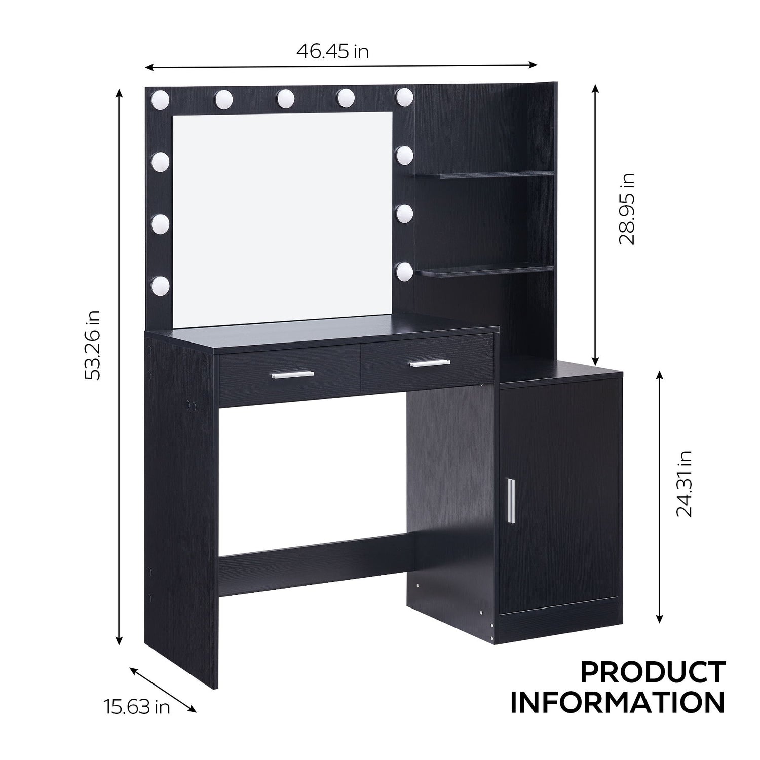 Vanity Desk With Mirror And Lights, 46.4In Dressing Table With 2 Large Drawer &amp; Large Vertical Organizer, 3 Level Dresser &amp; 3 Lighting Modes Adjustable Brightness, Suitable For Bedroom