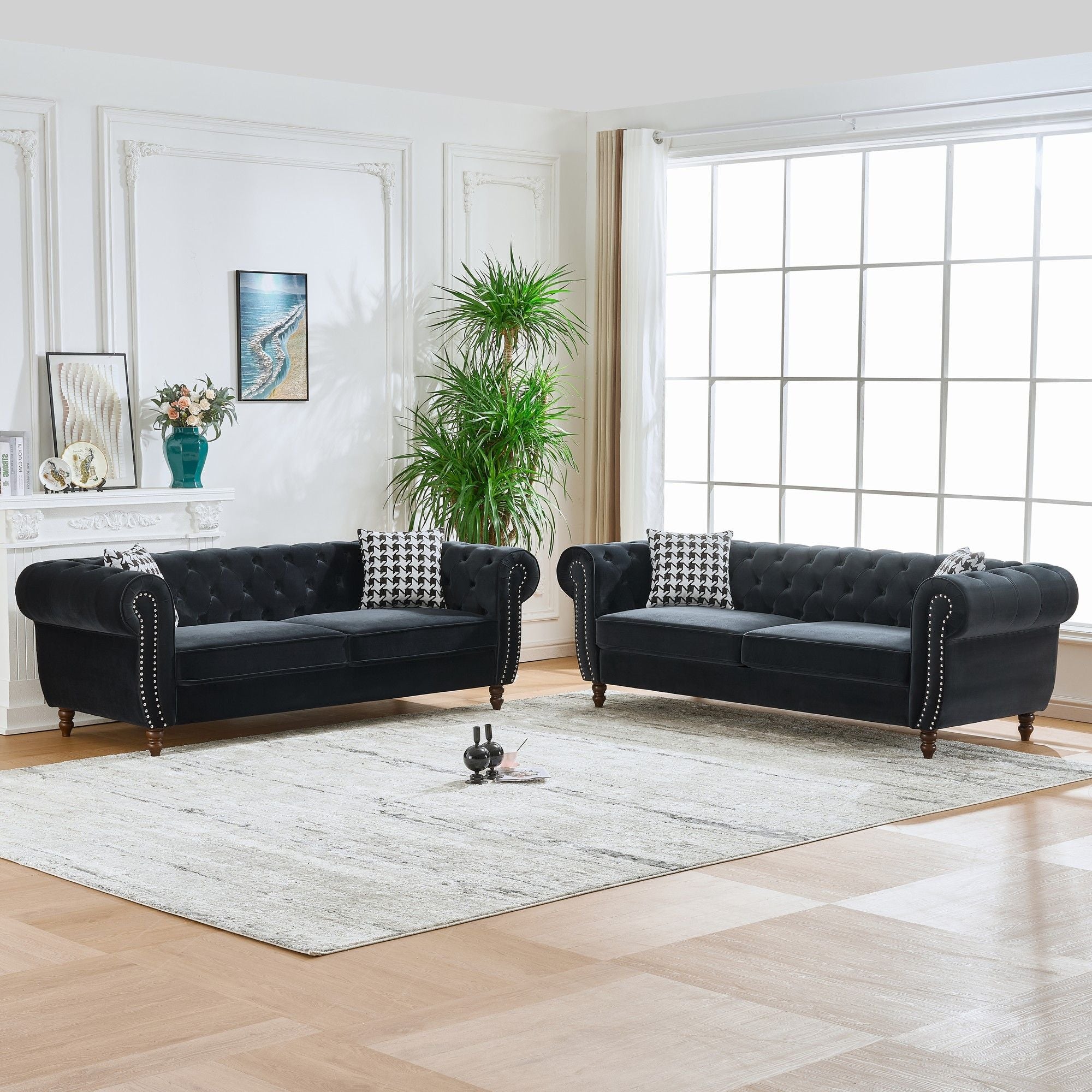Chesterfield Velvet Upholstery Fabric Sofa With Roll Armrest &amp; Nailhead, Mid Century Modern 3 And 3 Seater Couch