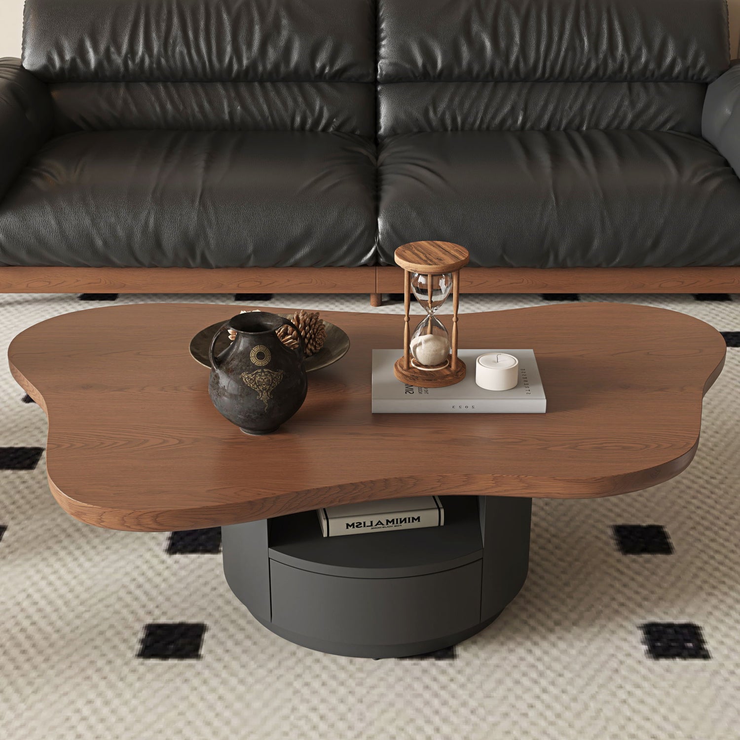 Cloud Coffee Table With 2 Drawers &amp; Multi Layer Storage - Dark Walnut / Matt Black