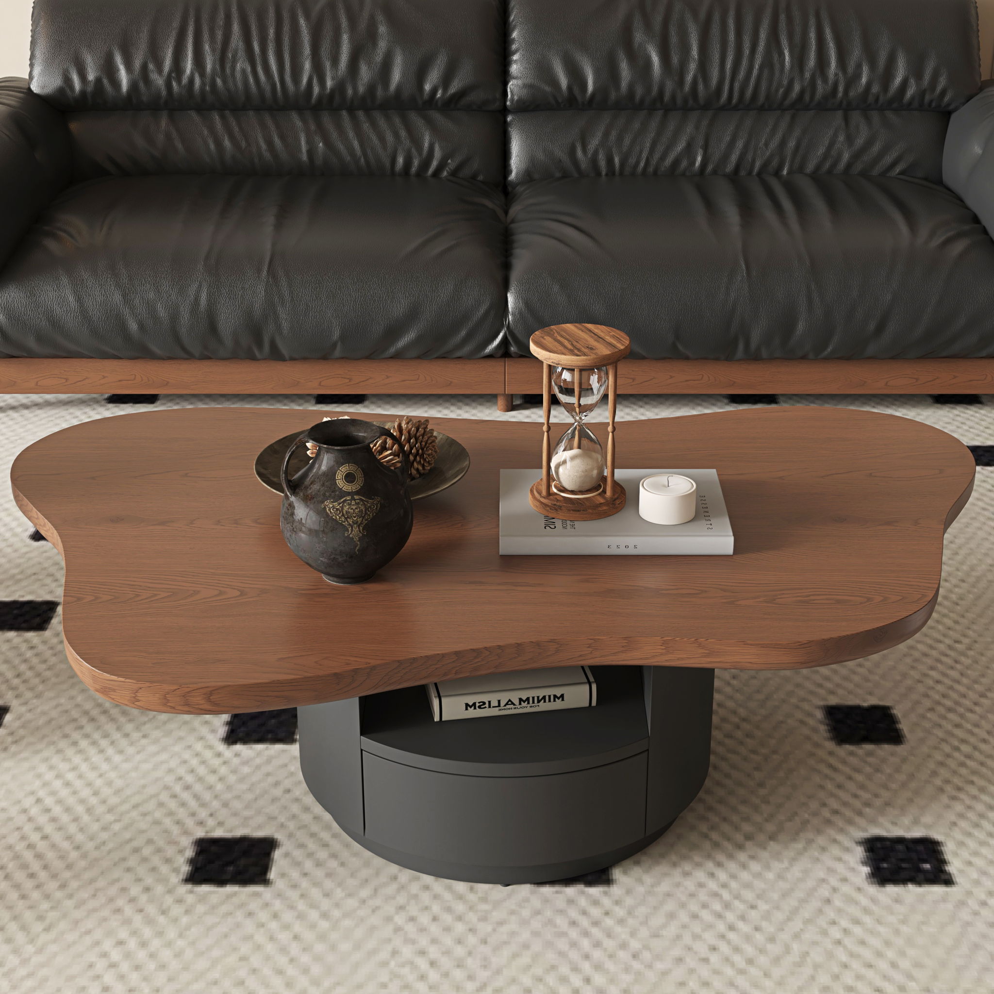 Cloud Coffee Table With 2 Drawers &amp; Multi Layer Storage - Dark Walnut / Matt Black