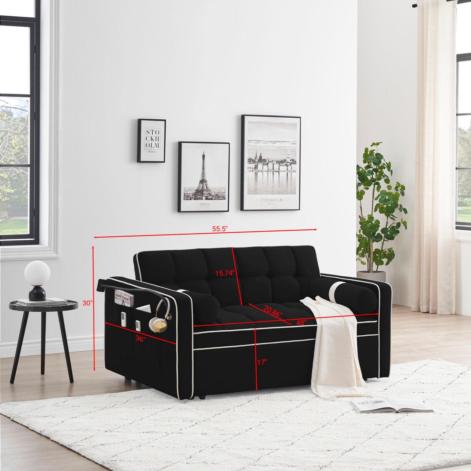 Modern Convertible Sleeper Sofa Couch With Pull Out Bed With Pillows &amp; Side Pockets For Small Space, Living Room