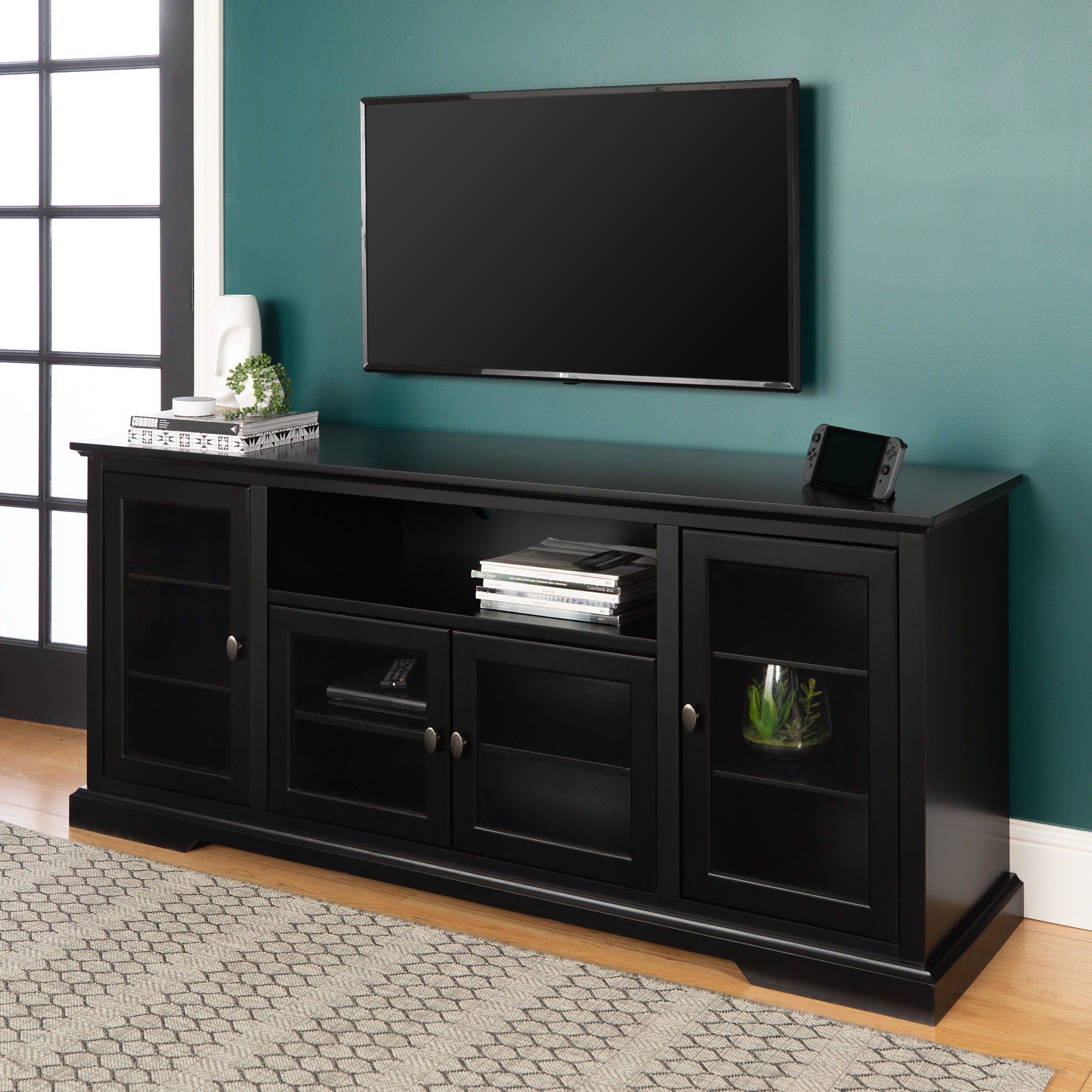 Transitional Classic 70&quot; TV Stand For 80&quot; TVs With 4 Glass Doors