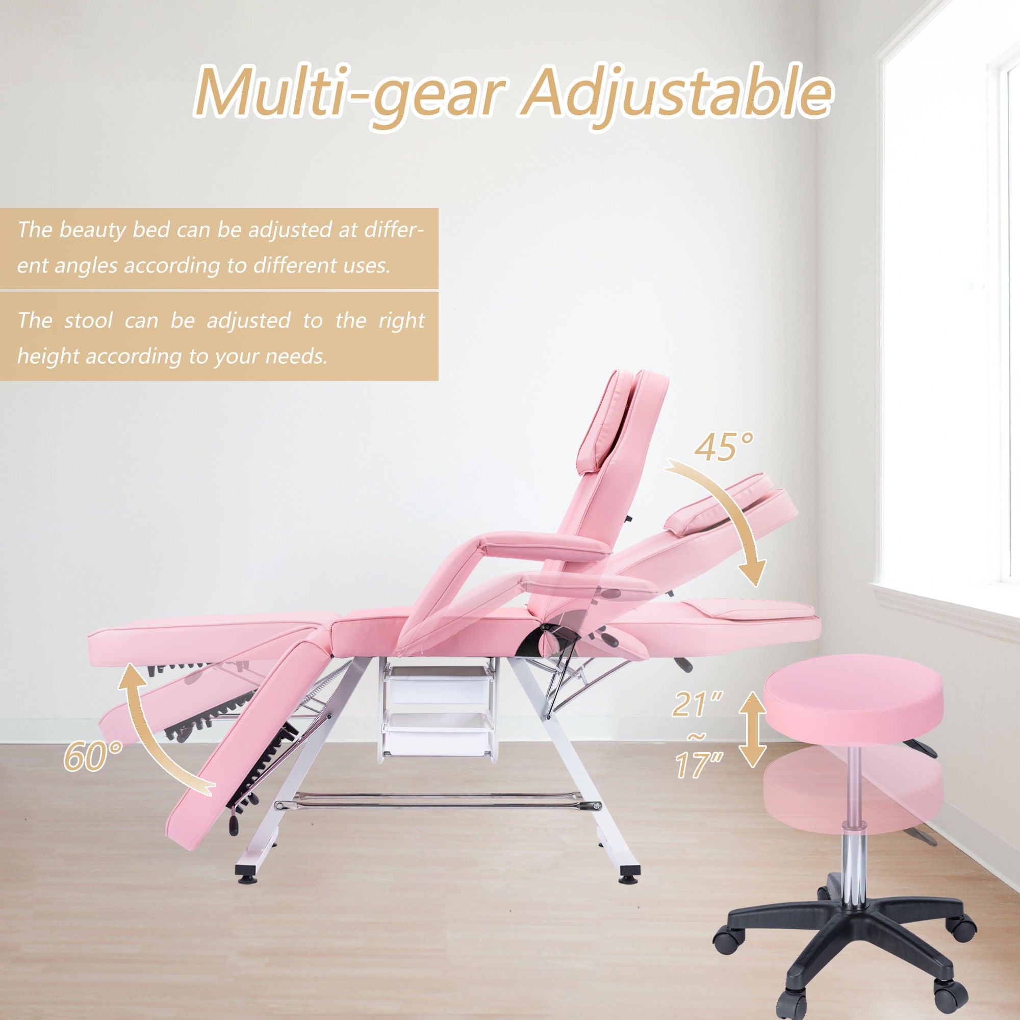 72.8&quot; Massage Salon Tattoo Chair With Two Trays Esthetician Bed With Hydraulic Stool, Multi-Purpose 3-Section Facial Bed Table, Adjustable Beauty Barber Spa Beauty Equipment