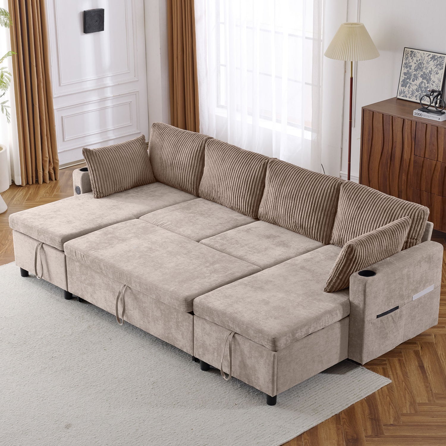 Sectional Sofa Bed With Pull Out Sleeper, USB Ports, Cup Holders