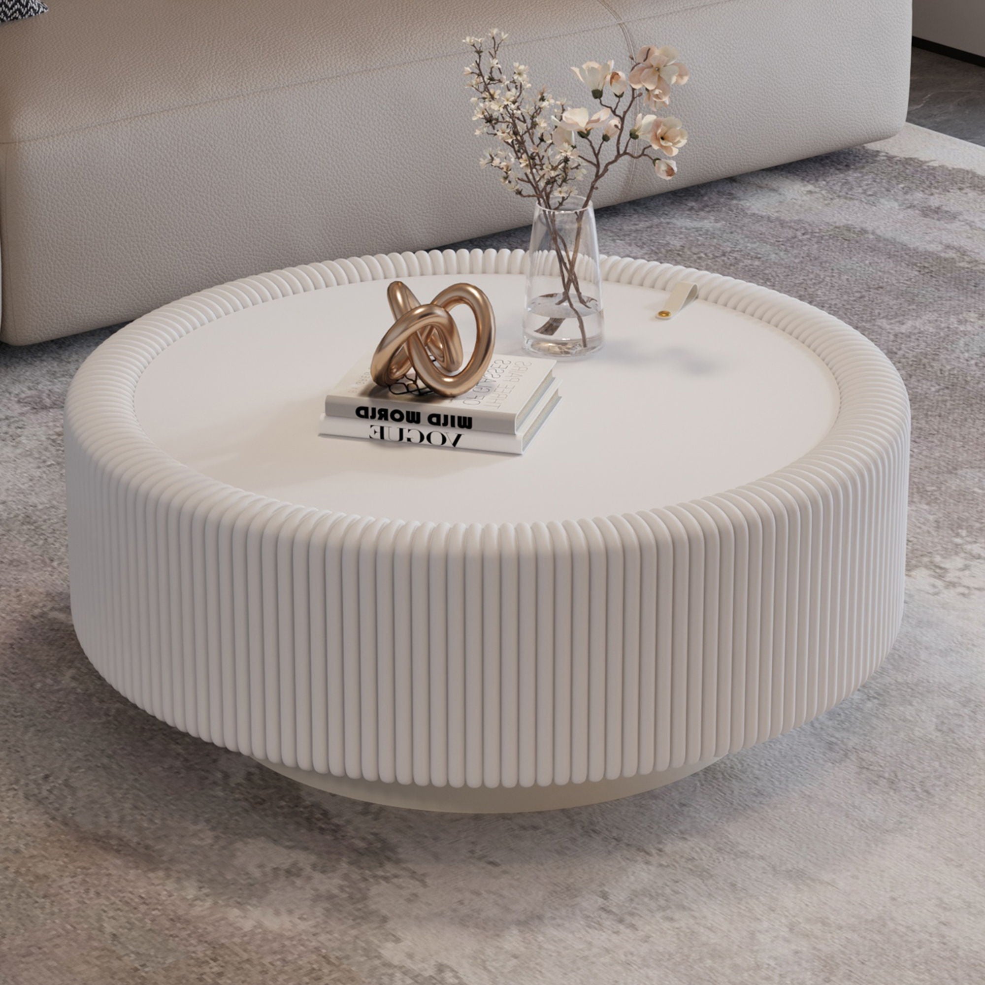 Round Fluted Coffee Table, Base &amp; Hidden Storage - Snow White