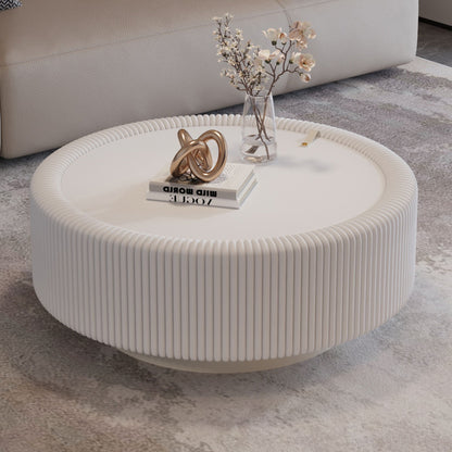 Round Fluted Coffee Table, Base &amp; Hidden Storage - Snow White