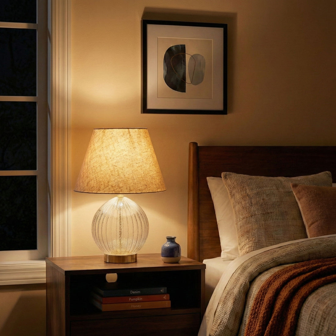 Serenity - Round Ribbed Lamp Base Clear Table Lamp Large Linen Shade - Clear / Gold / Natural