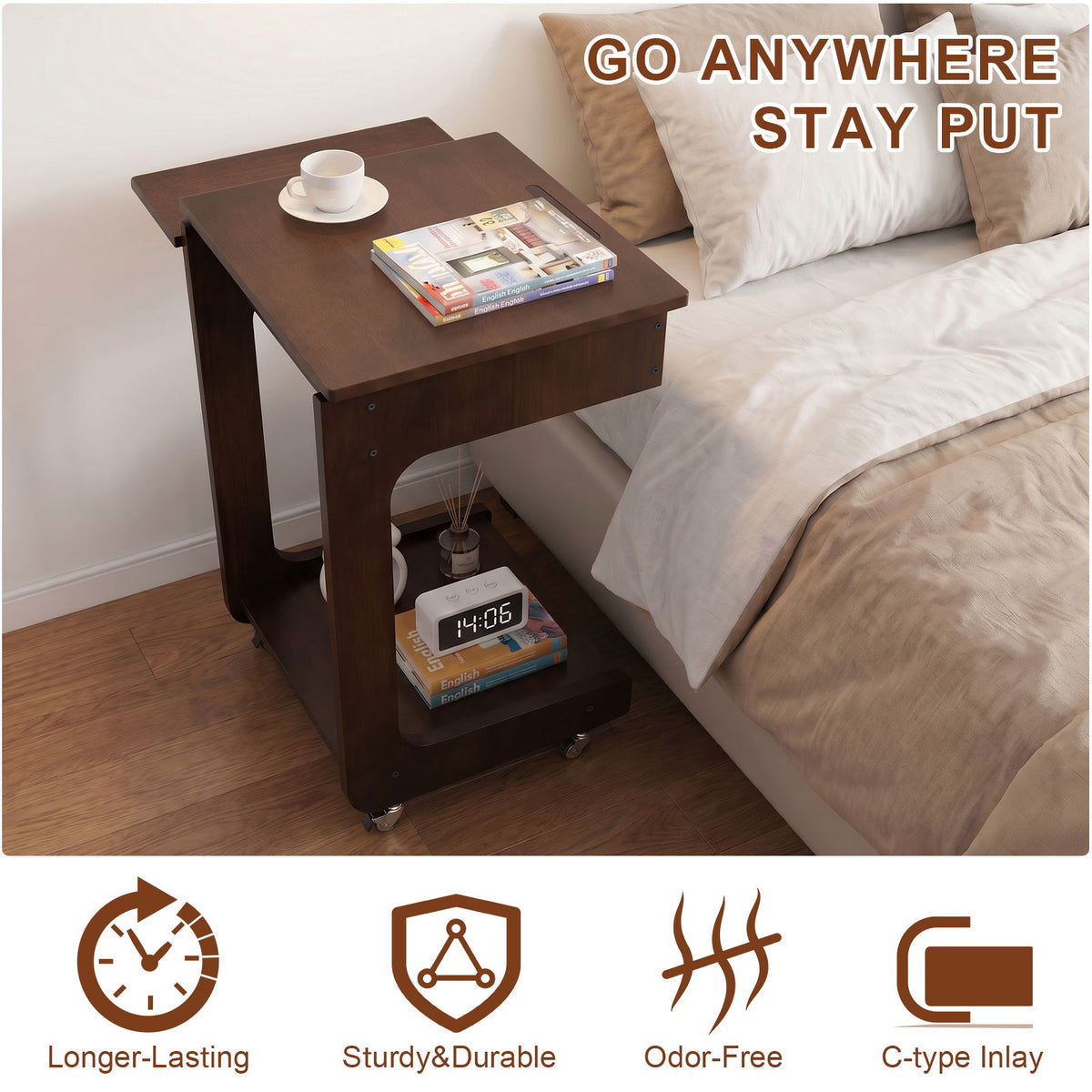 C - Shaped End Table, Rolling With 360° Adjustable &amp; Foldable Desktop, Couch Table With Laptop Stand For Living Room - Walnut