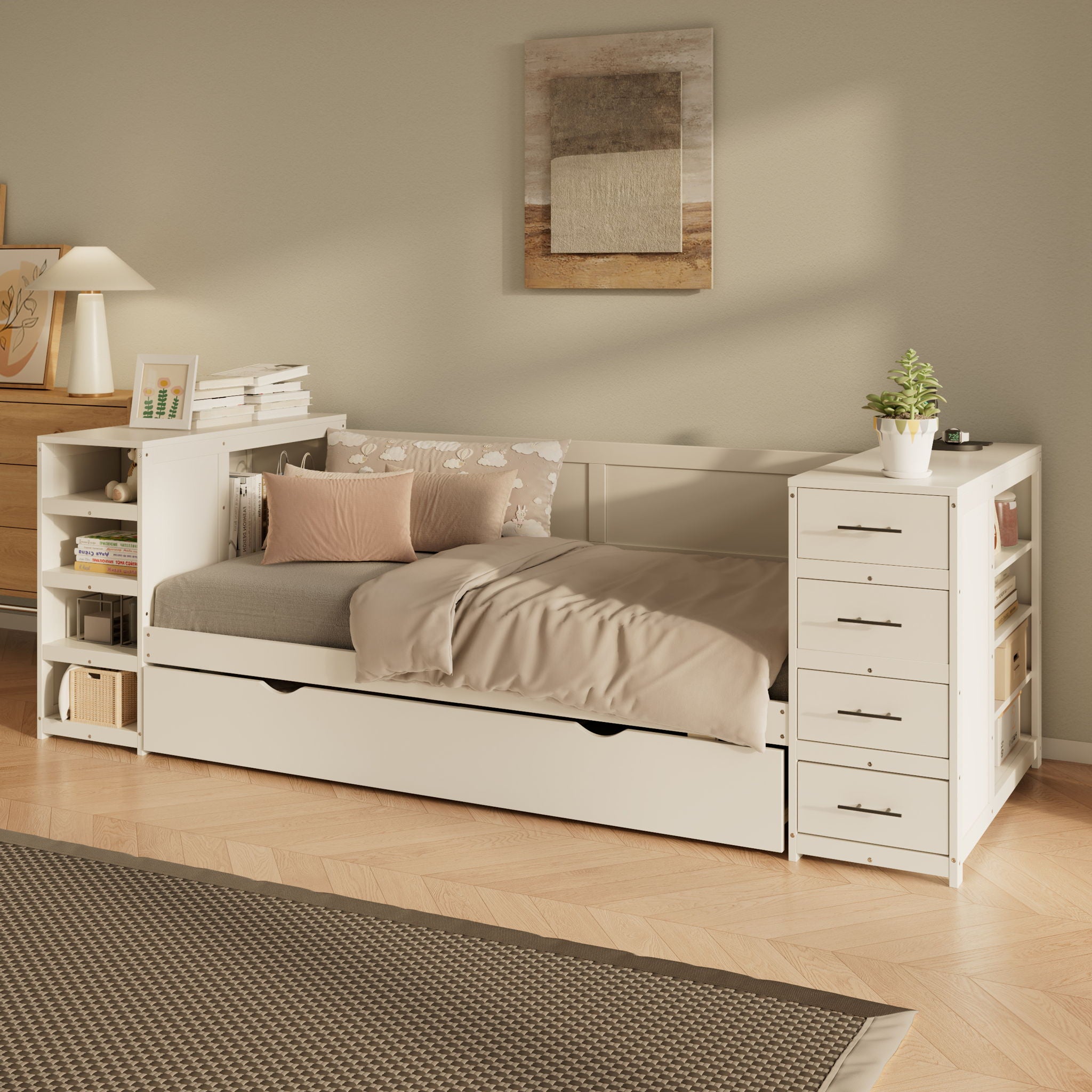 Daybed With Side Shelves, Multi Functional Desk &amp; Charging Station