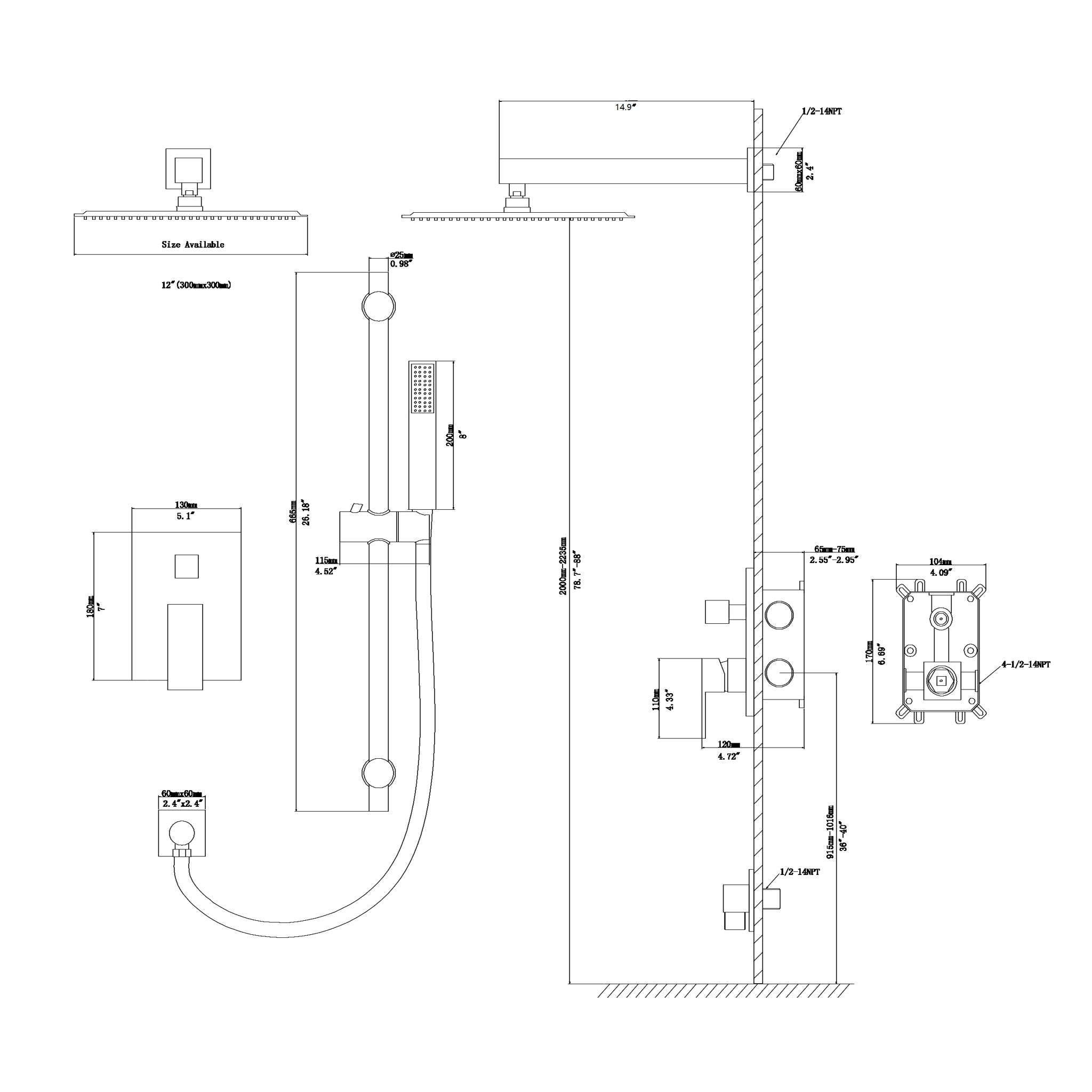 Wall Mounted Shower System With Adjustable Slide Bar And Rough In Valve - Matte Black