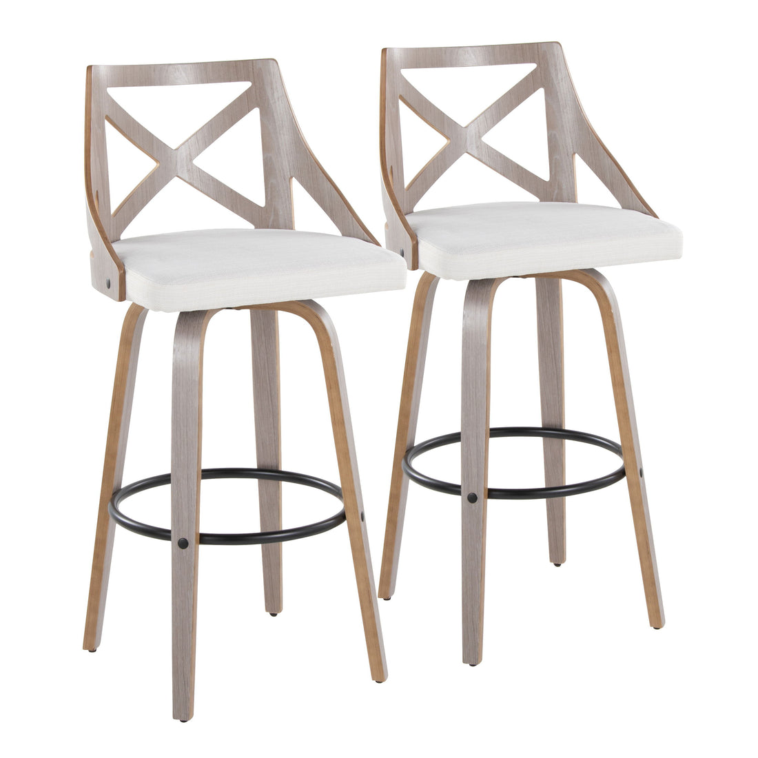 Charlotte - Farmhouse Fixed Height Barstool With Swivel &amp; Round Footrest (Set of 2) - Light Gray / Cream