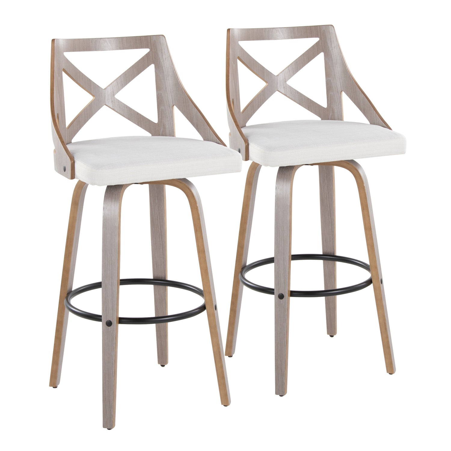 Charlotte - Farmhouse Fixed Height Barstool With Swivel &amp; Round Footrest (Set of 2) - Light Gray / Cream