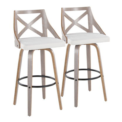 Charlotte - Farmhouse Fixed Height Barstool With Swivel &amp; Round Footrest (Set of 2) - Light Gray / Cream