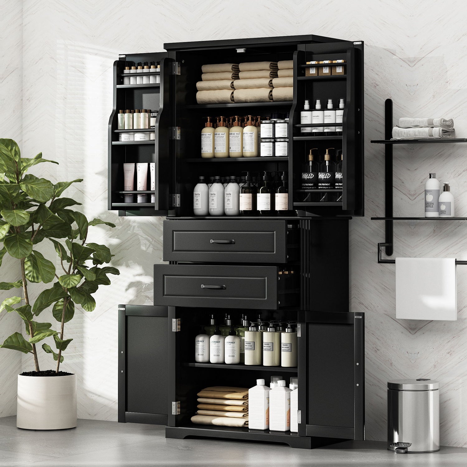 Multi Functional Storage Cabinet With Adjustable Shelves, 2 Drawers, Door Shelves