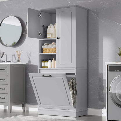 Modern Tall Storage Cabinet With Adjustable Shelves, Flip-Out Basket &amp; Enclosed Doors