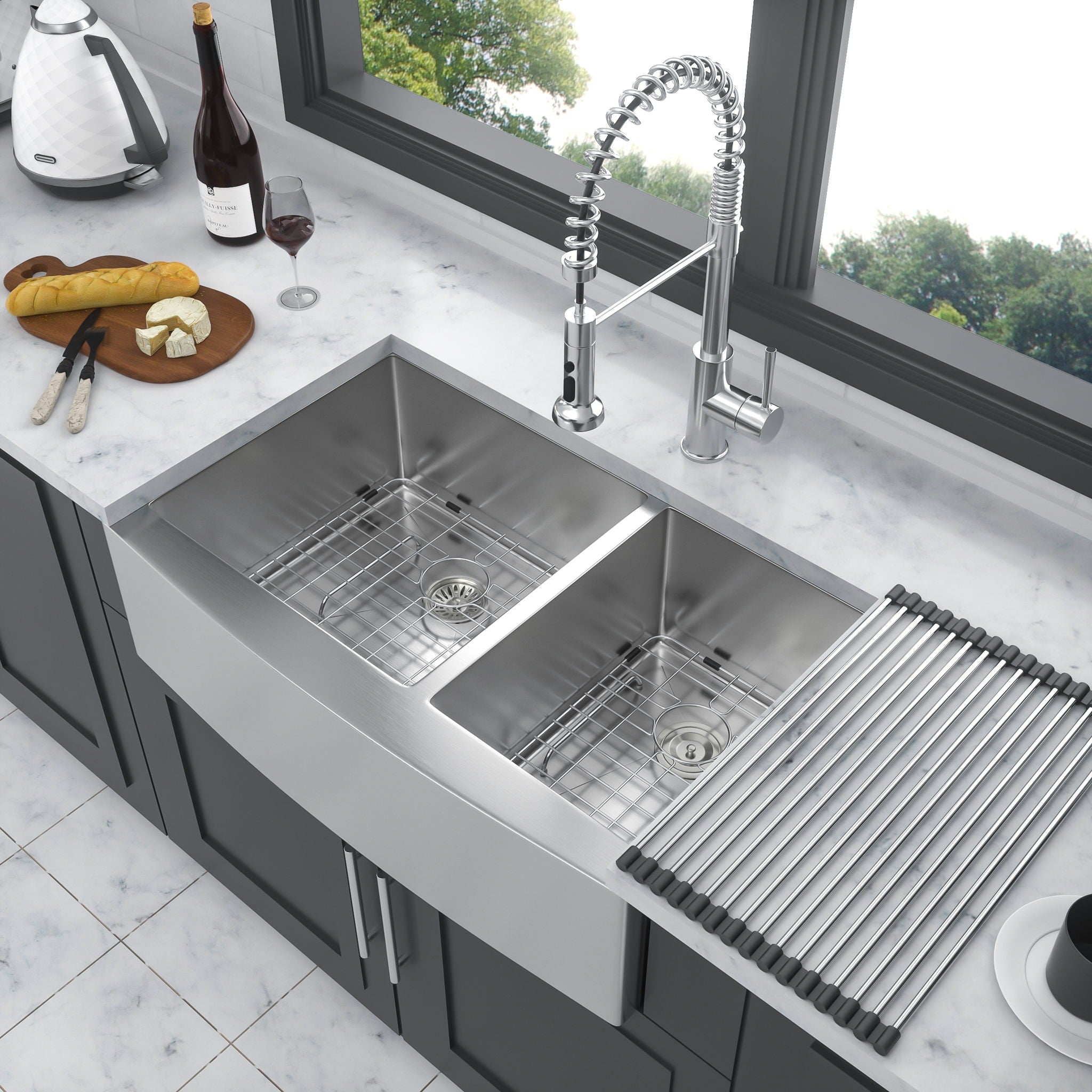 Double Bowl Sink 60 / 40 Split Apron Front Kitchen Sink In 16 Gauge With 2 10&quot; Deep Basins 33&quot; X21&quot; X10&quot; - Brushed Nickel