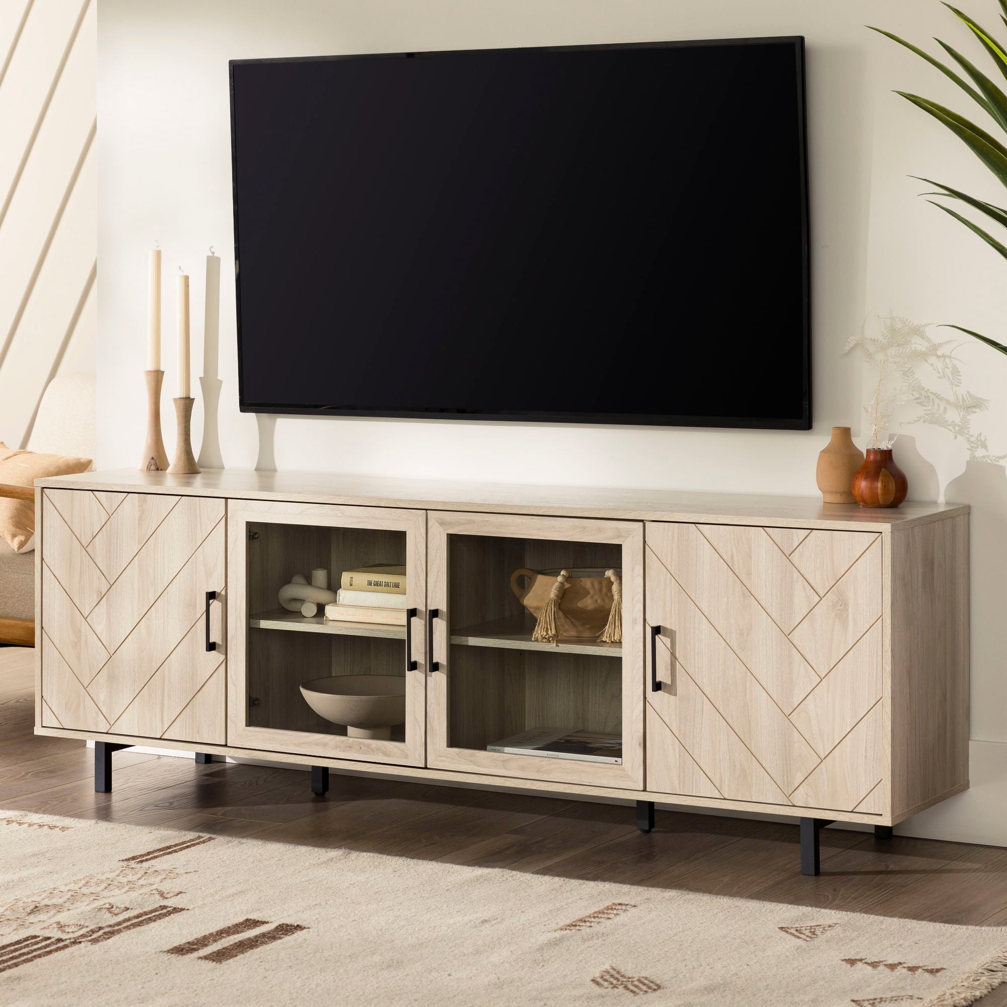 Modern Scandinavian 4 Door Herringbone 70&quot; TV Stand For TVs Up To 80&quot;