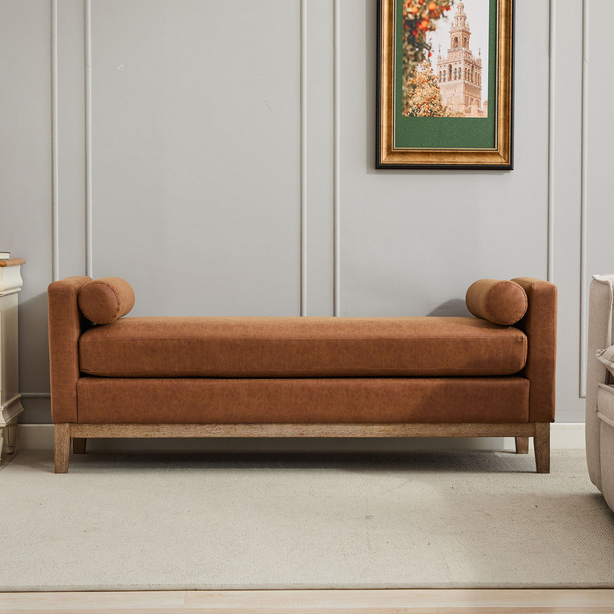 Upholstered End Of Bed Bench With Arms &amp; 2 Bolsters For Bedroom