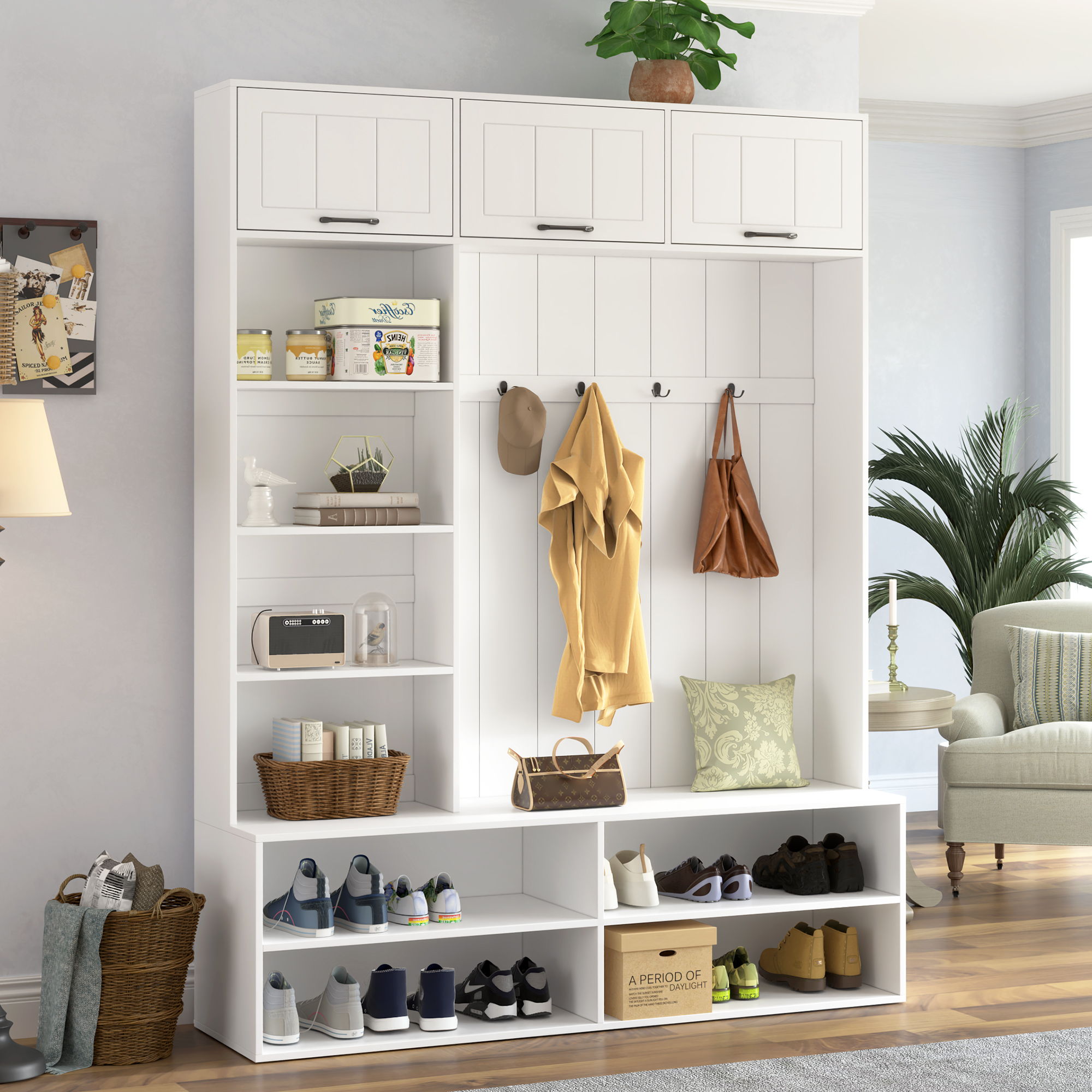 Farmhouse Hall Tree &amp; Bench And Shoe Storage