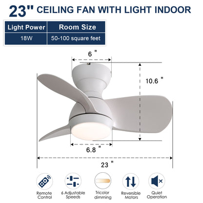 23&quot; Bedroom Ceiling Fan With 3 Color Dimmable 3 ABS Blades Remote Control Dc Motor Black With 18W Led Light
