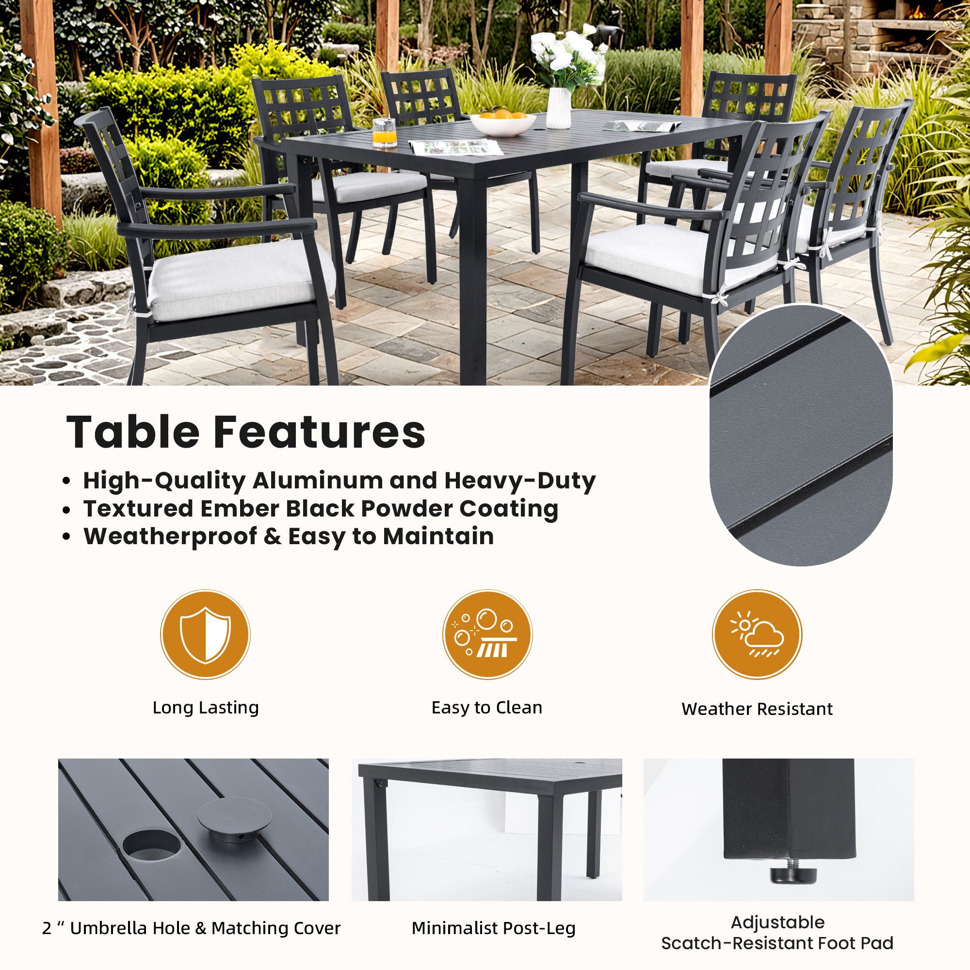 Modern Classic Outdoor Patio Dining Set, Rectangular Table &amp; Dining Chairs, Rust Free, Weather Resistant