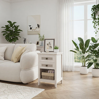 Nightstand With 2 Drawers &amp; Shelf - White