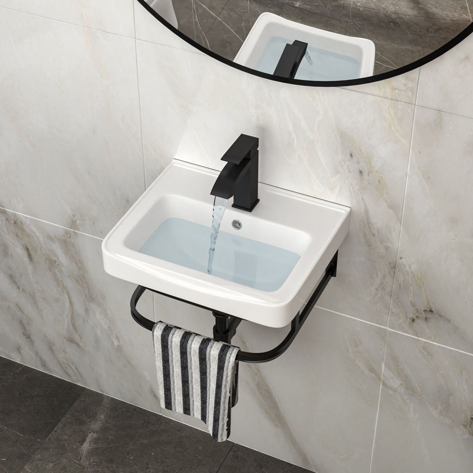 Wall Mounted Bathroom Sink With Towel Bar &amp; Overflow - White / Black