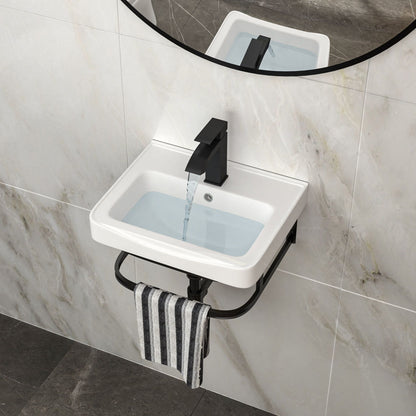 Wall Mounted Bathroom Sink With Towel Bar &amp; Overflow - White / Black