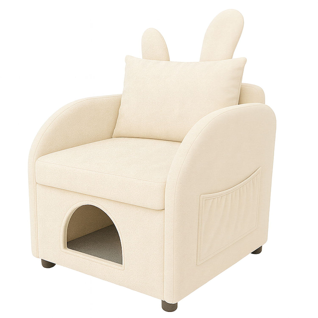 Bunny Ear Pet Friendly Armchair With Hidden Pet House With Storage Pocket For Bedroom &amp; Living Room - Beige