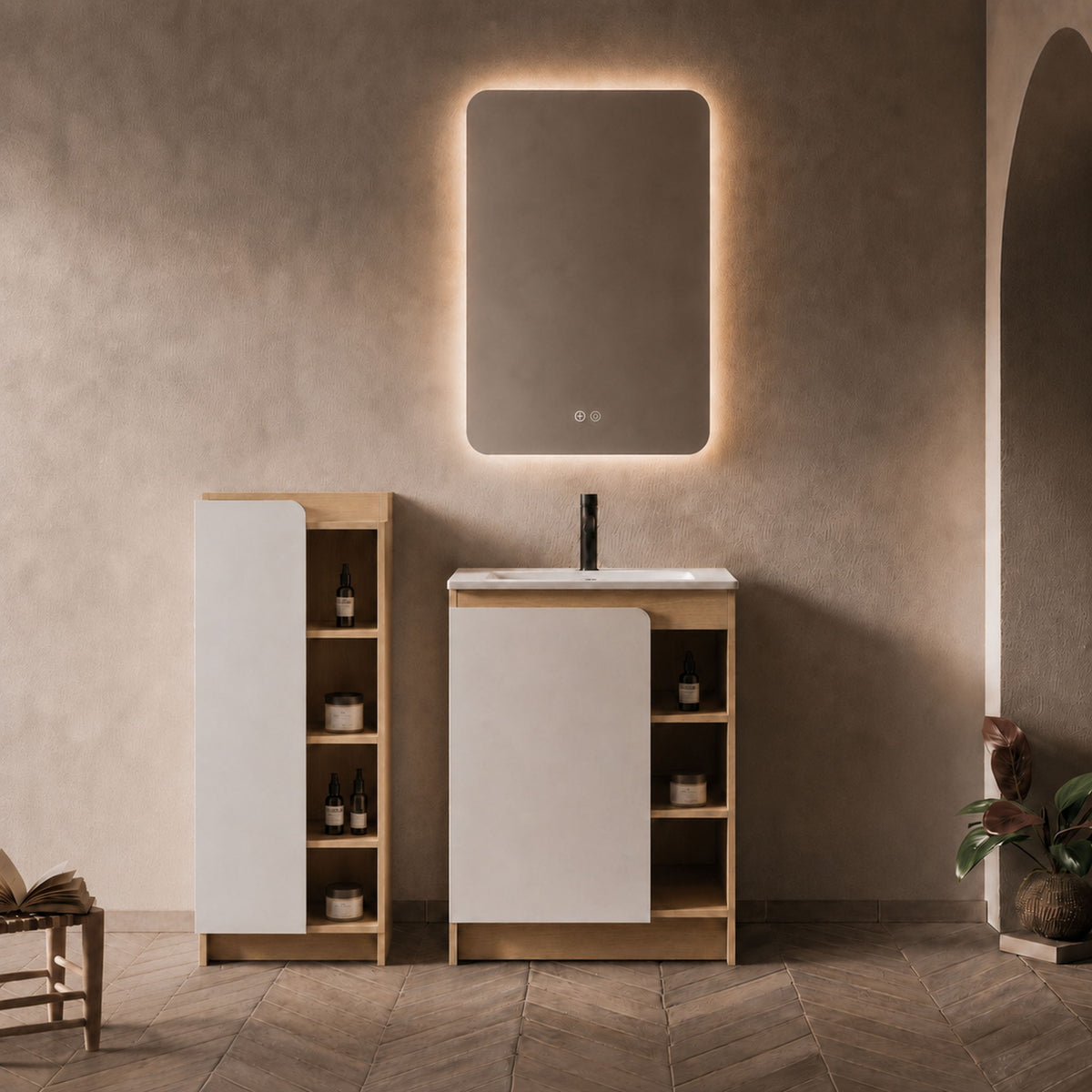 24" Bathroom Vanity With Sink &amp; Tall Bathroom Cabinet, Vanity Set With Thin Edge Sink &amp; Interchangeable Door Panels - Black / Light Oak / White
