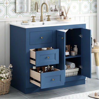 Bathroom Vanity With Ceramic Sink, Bathroom Storage Cabinet With 2 Drawers &amp; Shelf, Freestanding Bathroom Cabinet - Blue