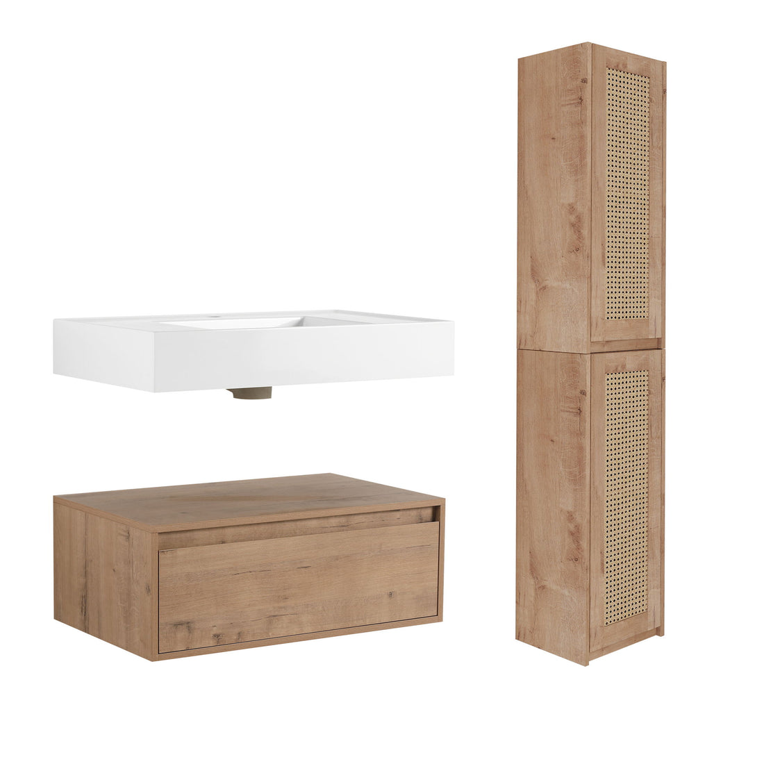 Modern Imitative Wall Mounted Bathroom Vanity With Resin Sink &amp; 2 Side Cabinet, Soft Close Drawer - Imitative Oak