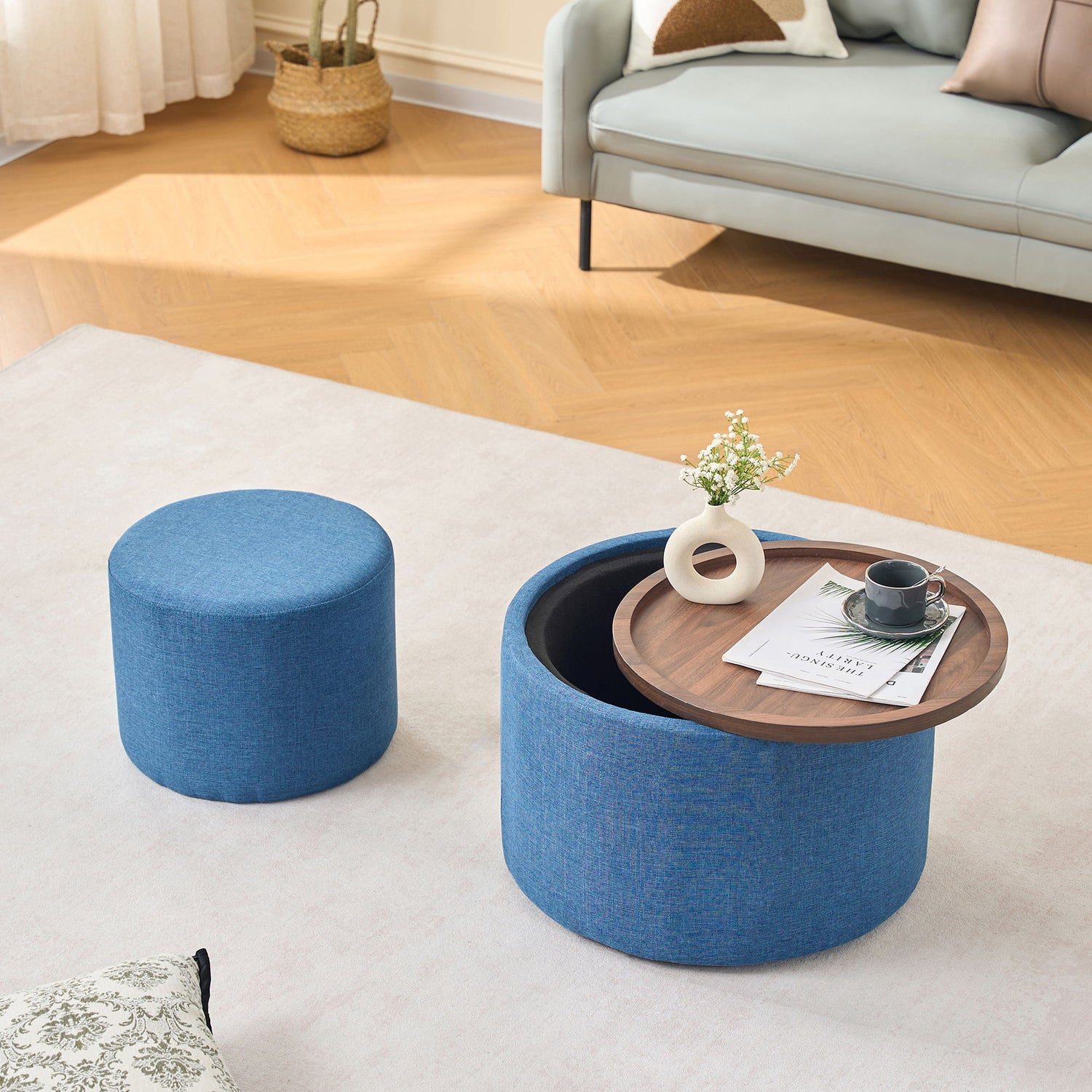 Nesting Ottomans, Round Coffee Table &amp; Bench With Tray (Set of 2)