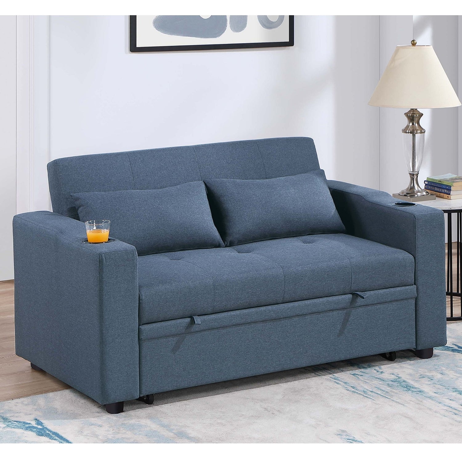 Modern Style Convertible Sofa With Pull-Out Bed, USB Ports &amp; Cup Holders