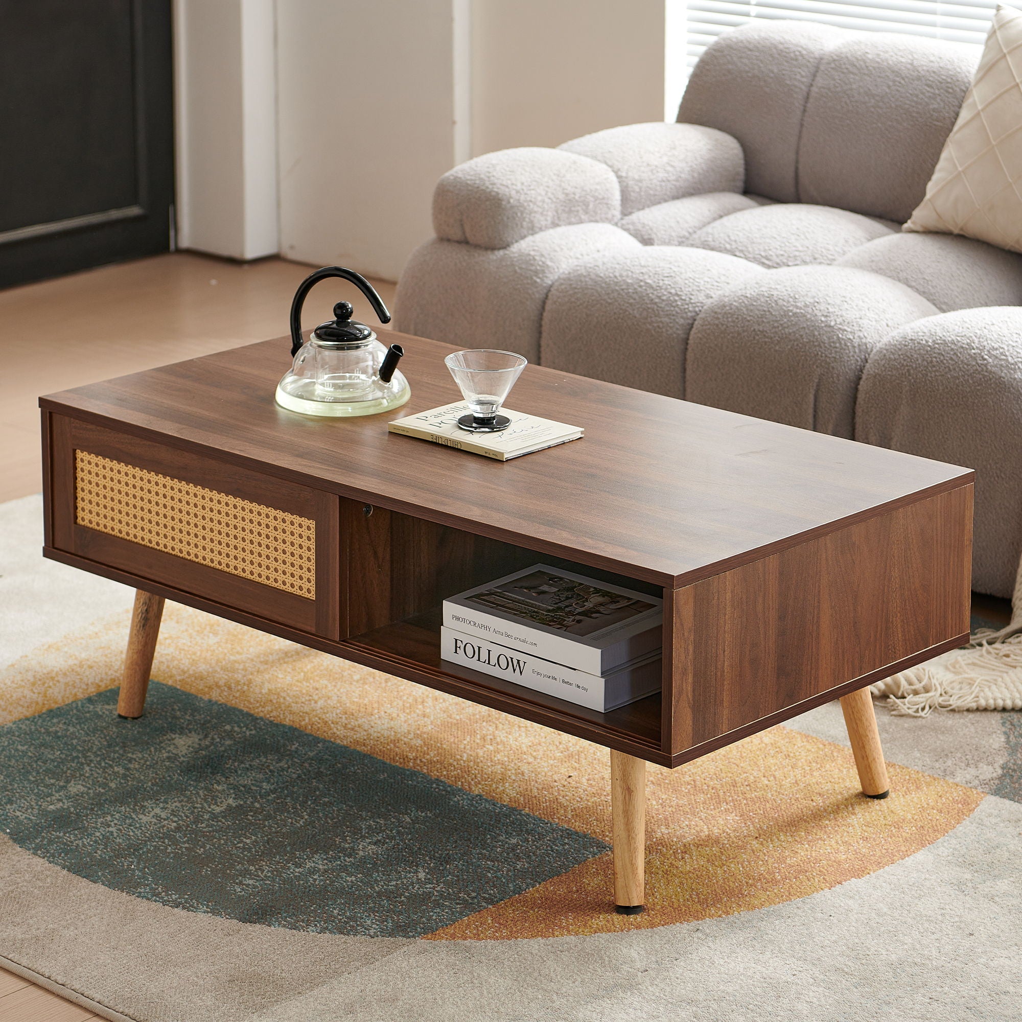 41.34&quot; Rattan Coffee Table, Sliding Door For Storage, Solid Wood Legs, Modern Table For Living Room