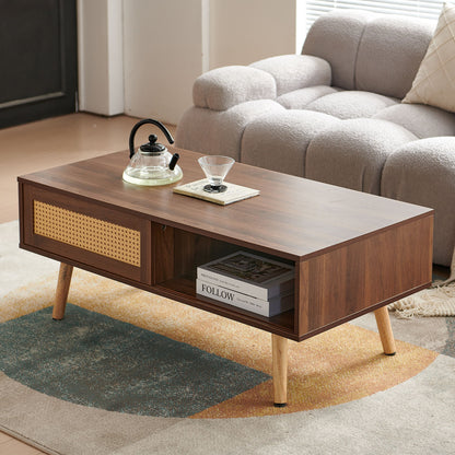 41.34&quot; Rattan Coffee Table, Sliding Door For Storage, Solid Wood Legs, Modern Table For Living Room