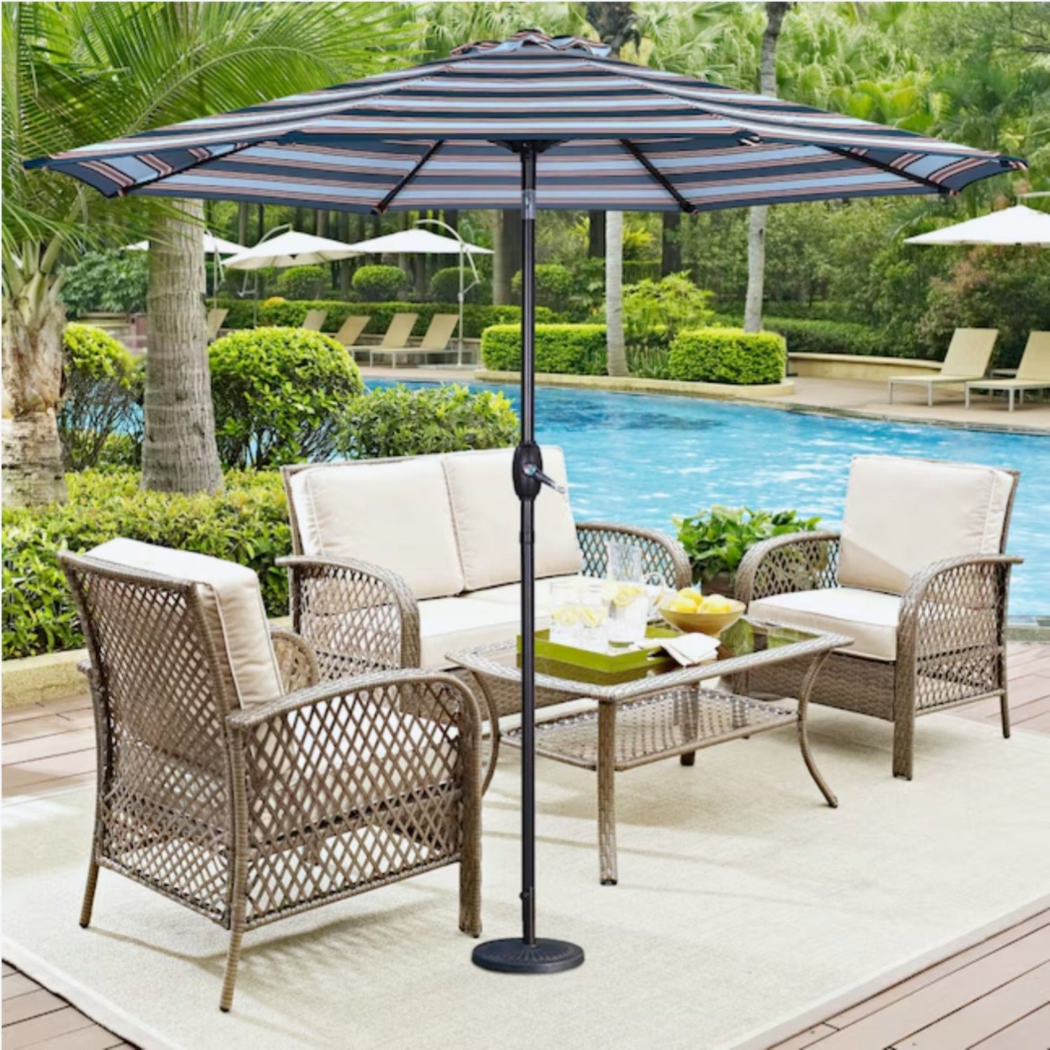 Patio Umbrella With Crank Lift &amp; Push Button Tilt Frame, 200G / Sqm Solution Dyed Canopy - Blue Multi / Brown