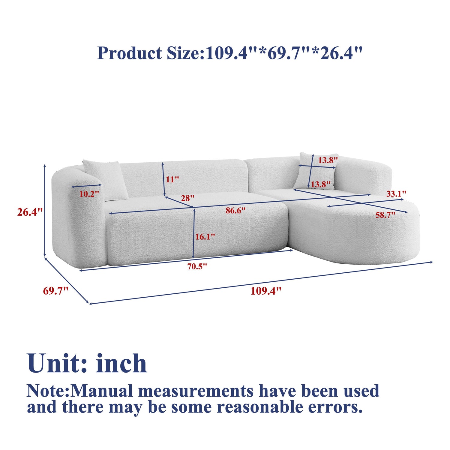L - Shape Boneless Cloud Couch With 2 Throw Pillows For Living Room