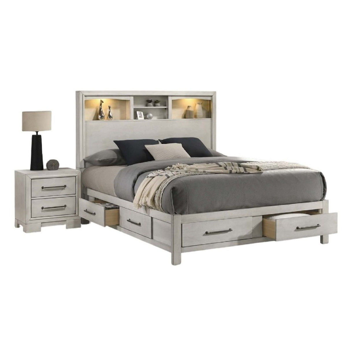 Bed Set With Storage Drawers, Open Shelves, And Built In LED Lighting